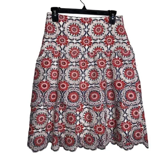 Eva Franco Skirt Size XS Red Blue White Brynn Embroidered Lace Cotton Blend